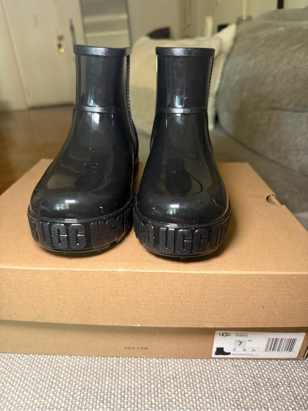 UGG Glossy Black Short Rain Boots with Branded Sole